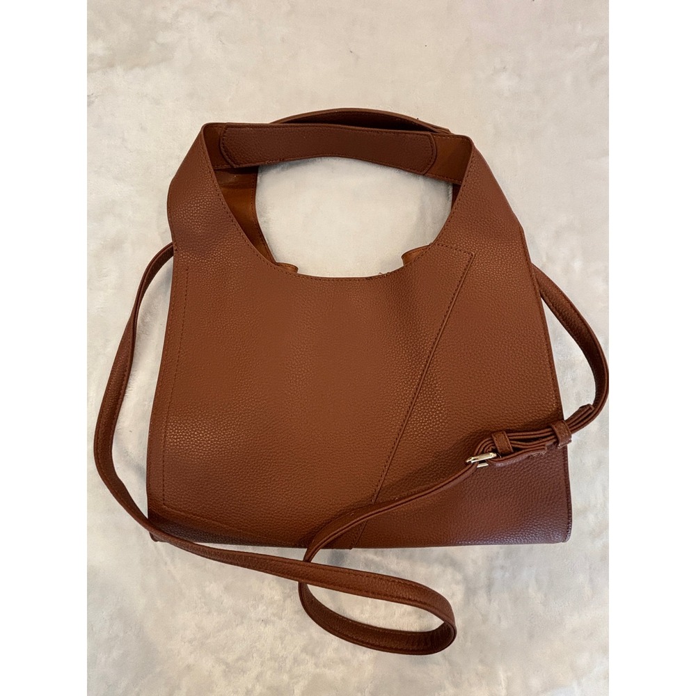 Brown Pebbled Faux Leather Geometric Tote Bag with Crossbody Strap